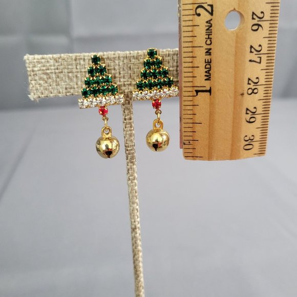 Womens Clip On Earrings Crystal Christmas Trees Gold Tone Accents Green Red 1 in - Picture 6 of 6